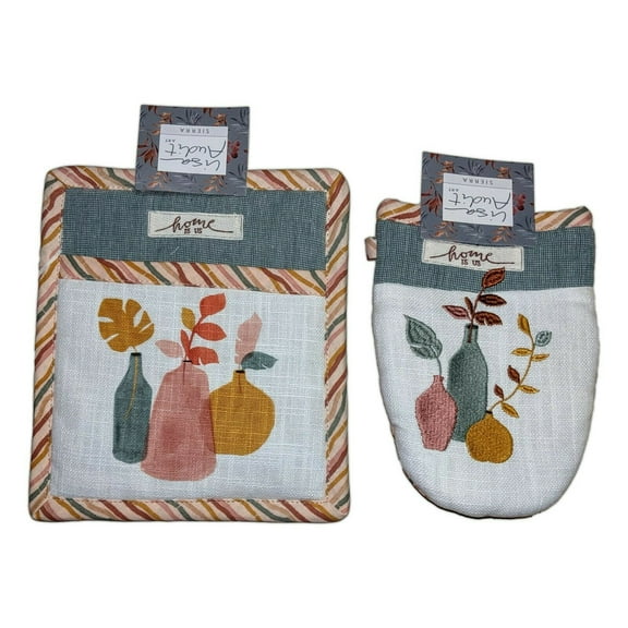 SIERRA Watercolor Leaves Pocket Potholder & Grabber Oven Mitt Set, by Kay Dee
