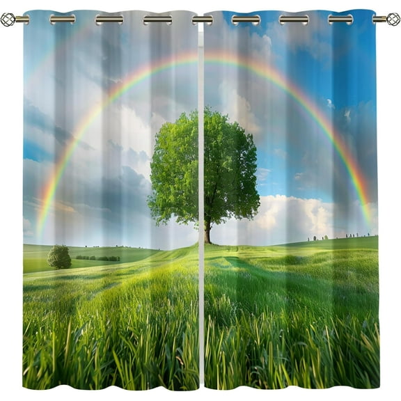 Natural Scenery Blackout Curtains For Boys Girls, Sunset Landscape Kids Room Decor Curtain, Rainbow Curtain For Windows, Thermal Insulated Eyelet Window Treatments 26"W x 84"L (Pack of 2)