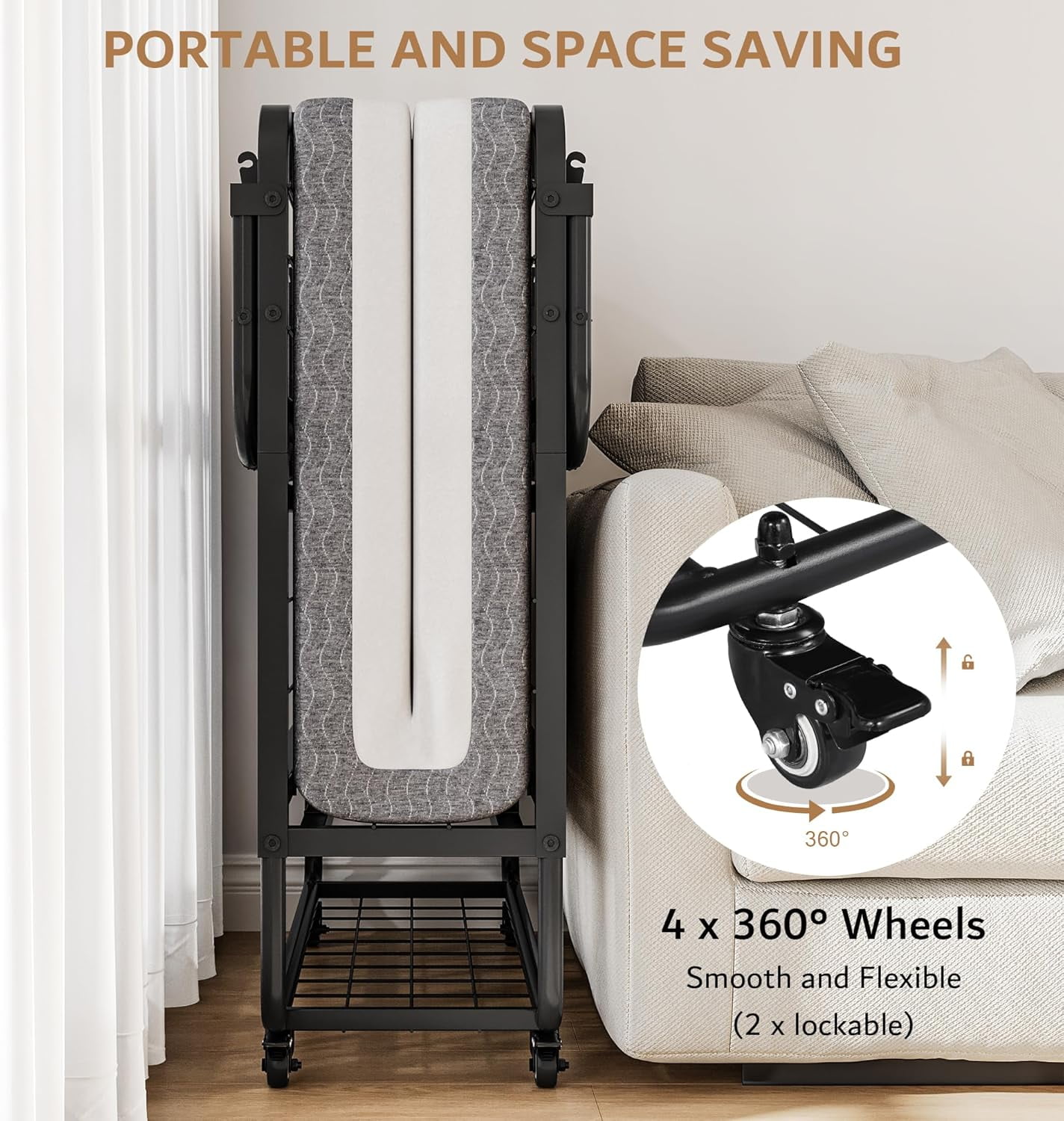 iPormis Folding Bed with Mattress, 76x38 Twin Size with Storage Shelf & Side Pocket, Portable Roll Away Adult Beds for Guests, Portable Bed with Lockable Wheels-Sturdy Metal Frame , Space Saving