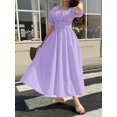 thumbnail image 4 of Purple Womens Solid Color Frill Trim Square Neck Petal Sleeve Midi Dress, 4 of 6
