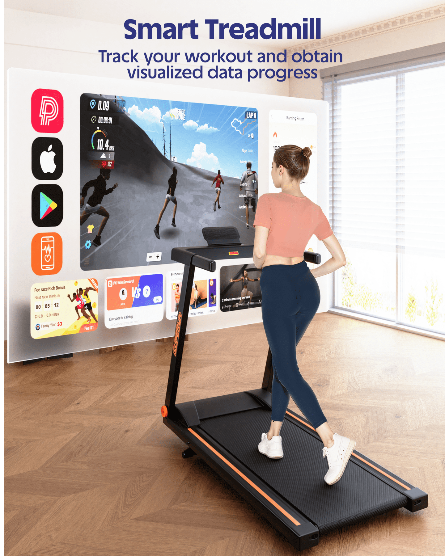Superun 4-in-1 Foldable Treadmill with Incline, 300 LBS Capacity Running Treadmills for Home Small Spaces with Handles, 3.0 HP Folding Treadmill with Smart APP