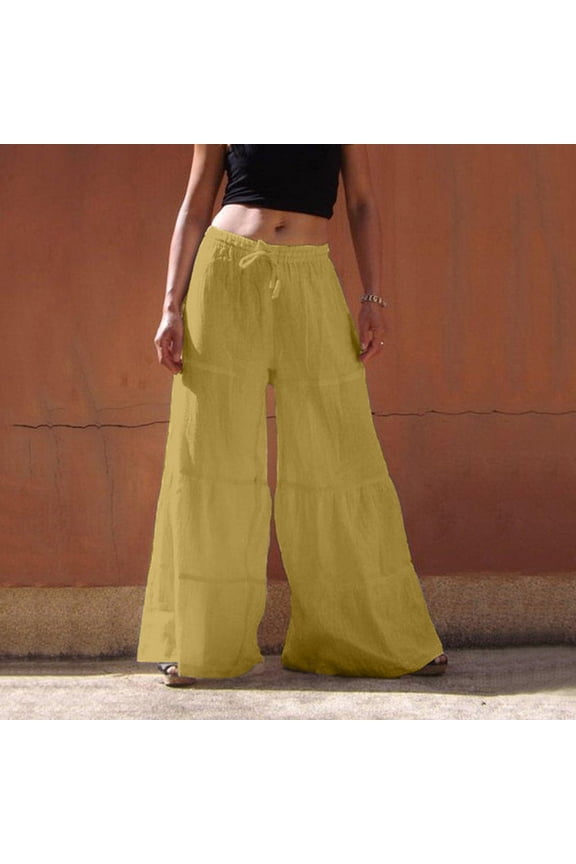 Kiplyki Fashion Women Loose Solid Color Casual Wide Leg Pants Linen Trousers