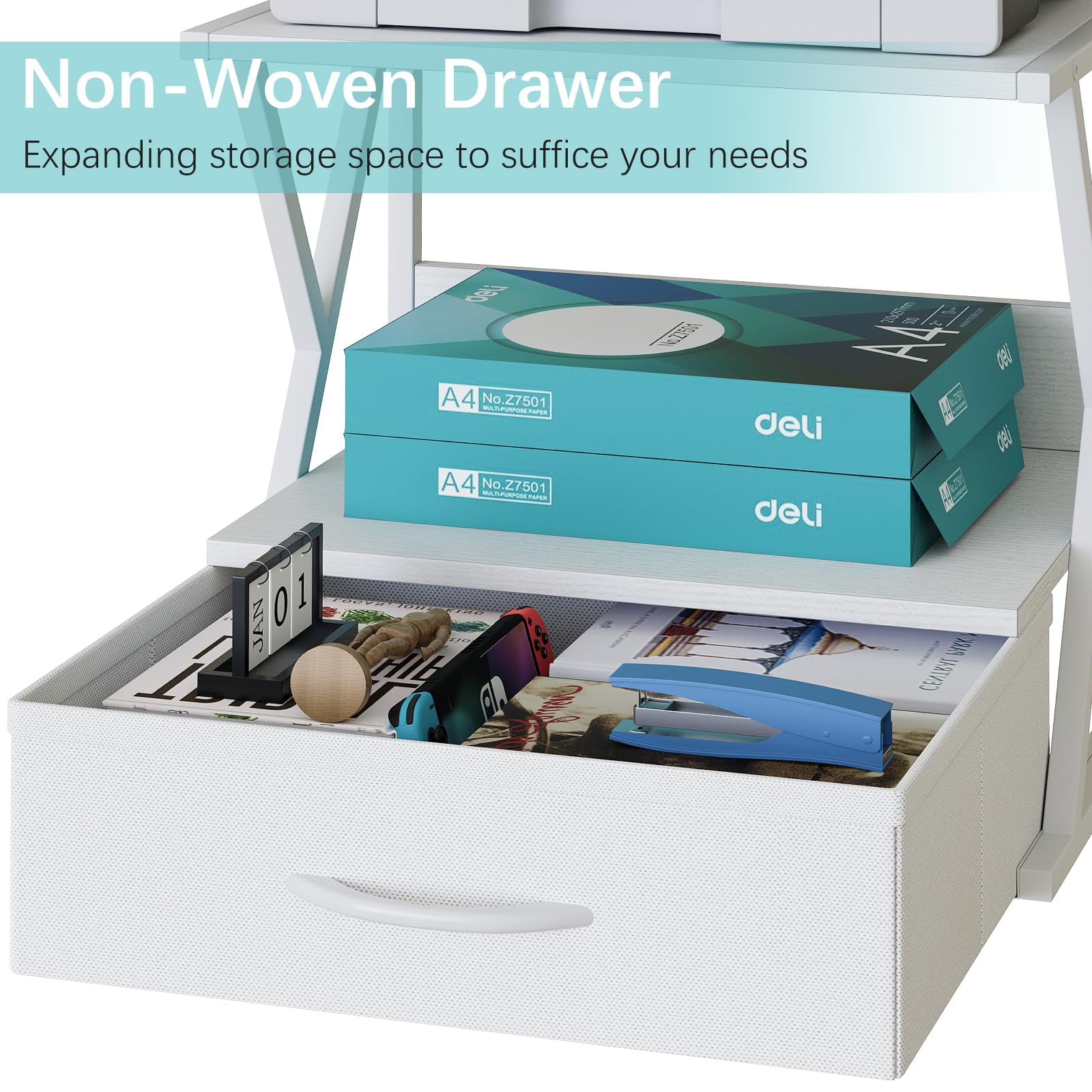 Printer Stand for Desk with Storage Drawer, 2 Tier Desktop Or Under Desk Shelf, Multi-Purpose Desk Organizer for Home Office, fit Fax Machine/3D Printer/Scanner, White