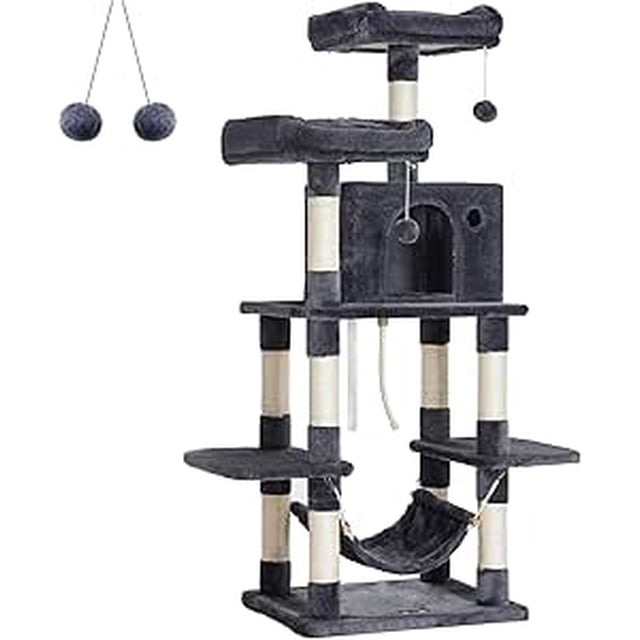 Feandrea 59.3 Inch Cat Tree Condo with Scratching Post, Kitty Tower Pet Playhouse, Smoky Gray