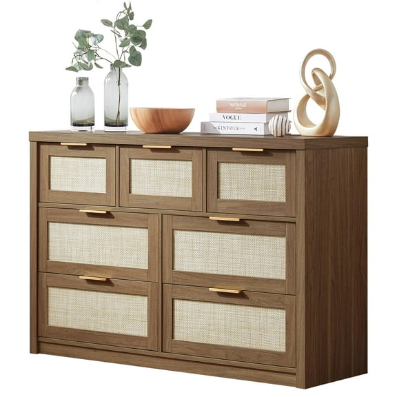 Danolapsi 7 Drawer Dresser, Rattan Dresser TV Stand for Bedroom Wardrobe, Wooden Chest of Drawers with Metal Handles and Wide Drawers, 52.76"W x 17.71"D x 31.69"H