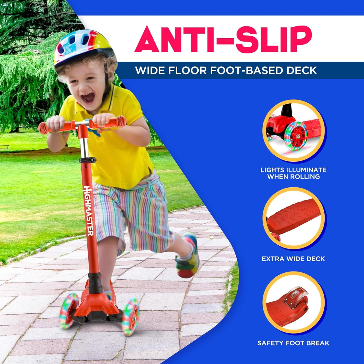 Highmaster 3-Wheel Toddler Scooter for 2 to 8 Year Old boy - 3 Wheeled Kids Scooter with Light Up Wheels, Safe and Fun Ride for Kids - Red