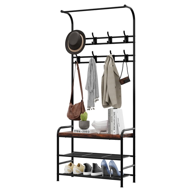 3-in-1 Industrial Hall Tree Coat Rack with Shoe Bench – 3-Tier Storage Shelf, 8 Removable Hooks – Sturdy Steel Frame, Space-Saving Entryway Organizer for Small Spaces, Living Room– Vintage Color