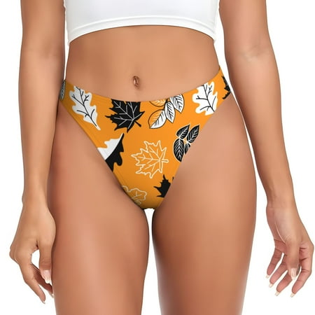 Rateoe Bold Black and White Leaves Orange Pattern Seamless Women Underwear Thongs No Show Ladies Thong No Line Breathable Comfortable Panties Undies for Women-3X-Large