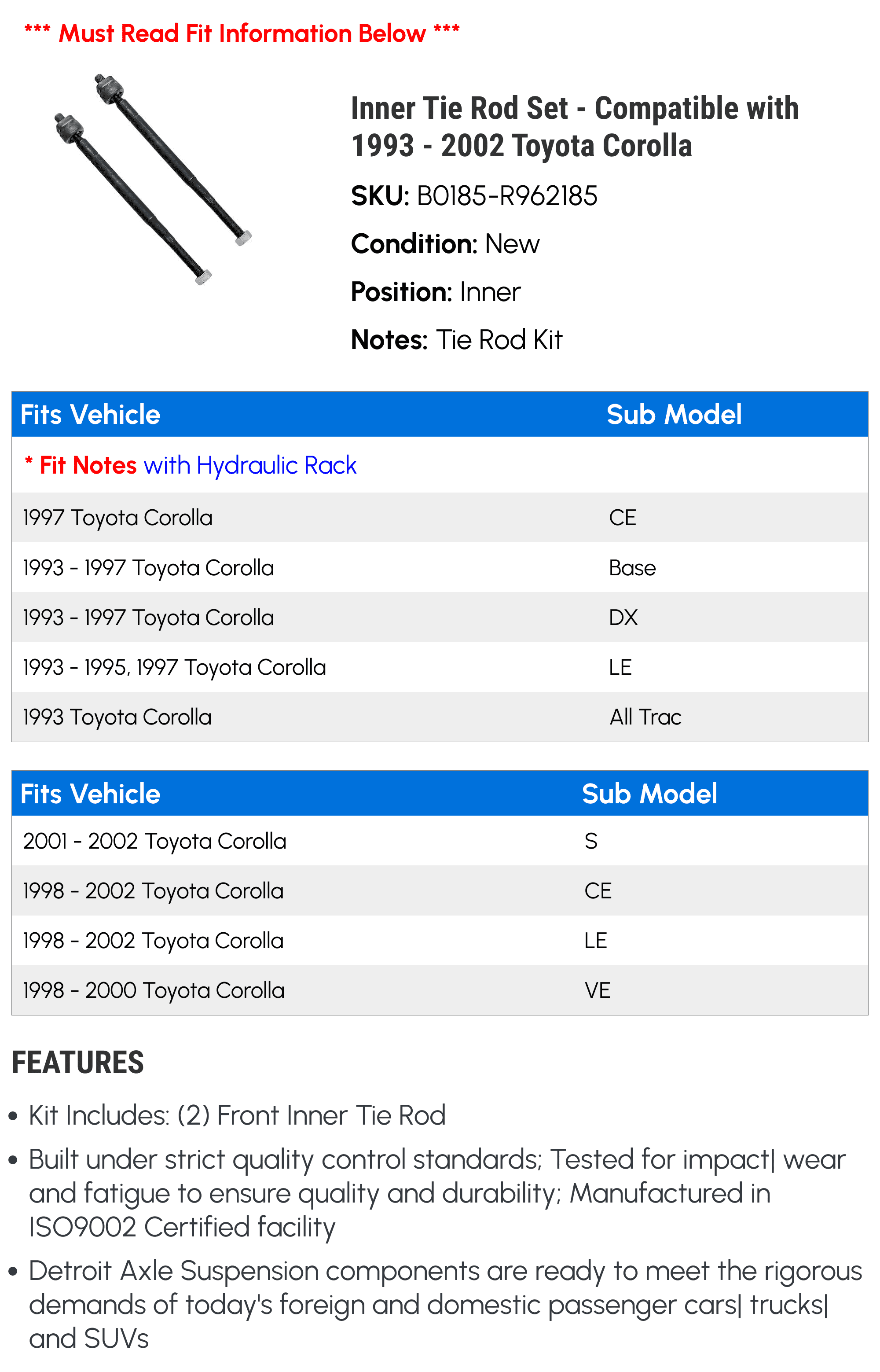 Inner Tie Rod Set - Compatible with 1993 - 2002 Toyota Corolla 1994 1995 1996 1997 1998 1999 2000 2001