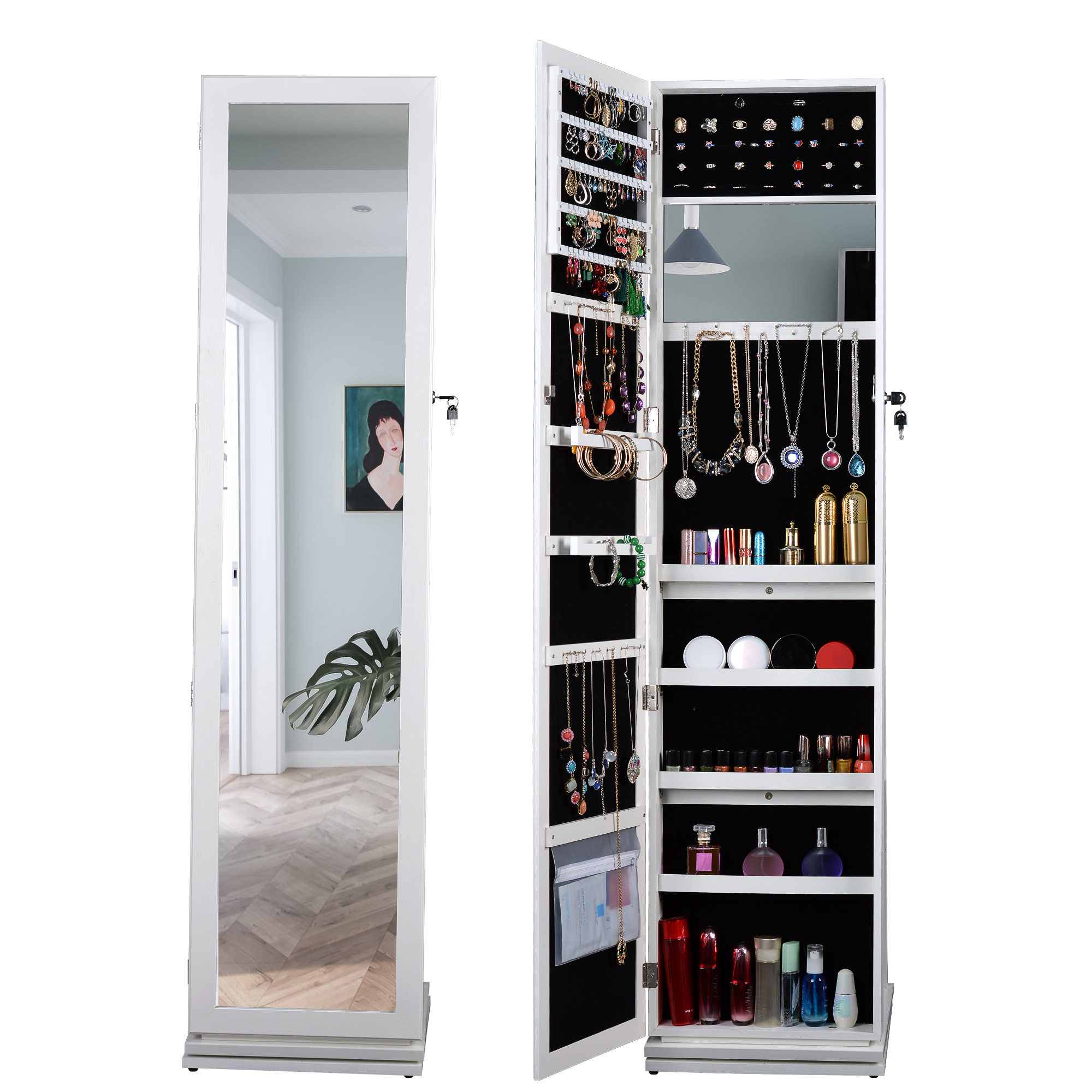 360 Spinning Lockable Jewelry Armoire with Free Standing MirrorBack Storage  Shelves Large Capacity Mirrored Jewelry Organizer Cabinet for Bedroom  Cloakroom White