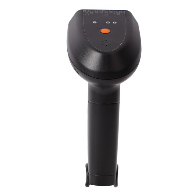 lector qr inalámbrico escáner de código de barras manual reconocimiento preciso de alta eficiencia para almacén de mensajería de supermercado vista frontal centrada: escáner de mano con carcasa ABS y PC, botón naranja central, indicadores OLED y orificios de altavoz visibles, mango cilíndrico con base; adecuado para tiendas, supermercados y logística, alcance inalámbrico aprox. 50–100 m, batería 18650 incluida, grado IP54; su tamaño compacto es también adecuado para uso móvil en mostradores o inventarios.