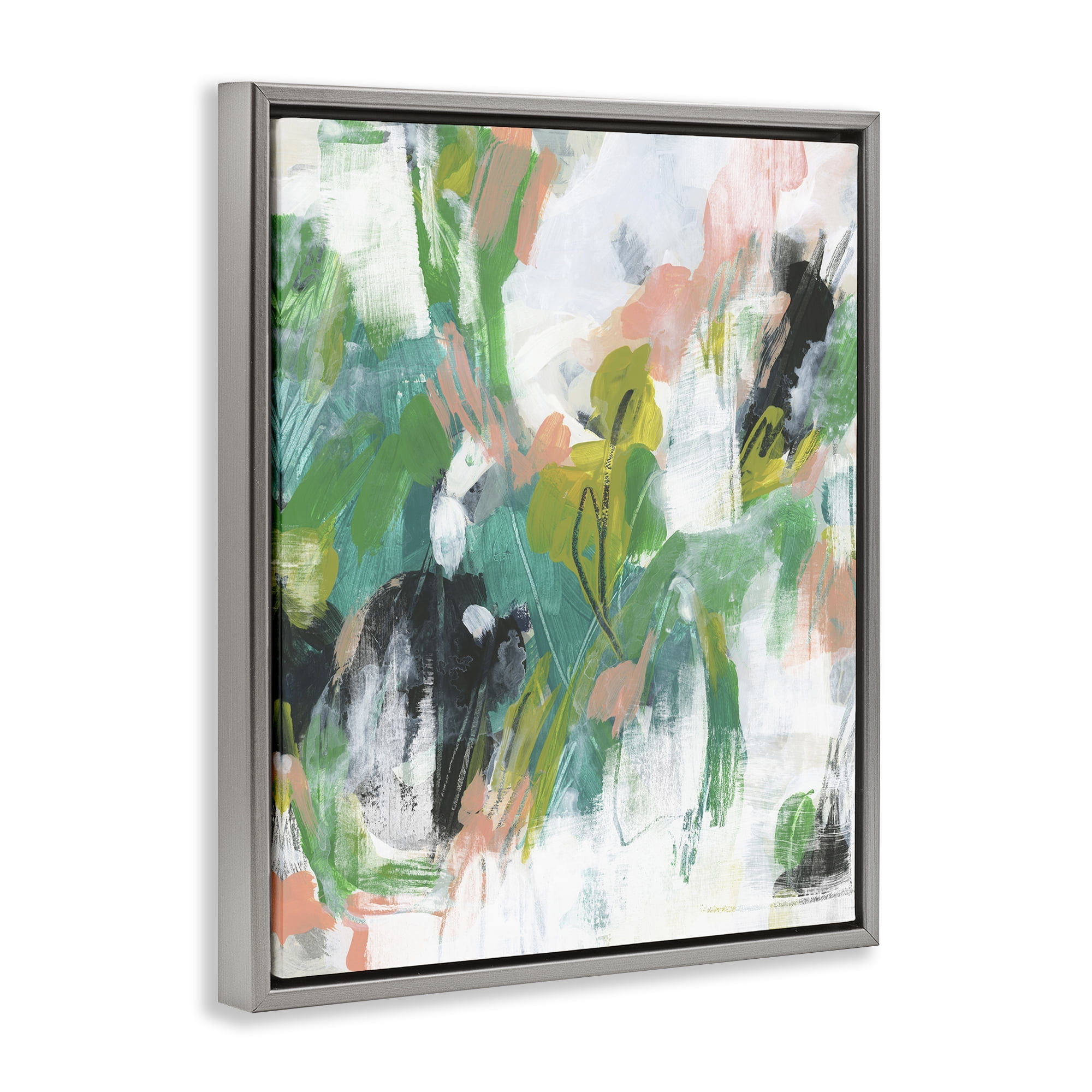 Stupell Industries Chaotic Green & Pink Abstract Abstract Painting Gray Floater Framed Canvas Art Print Wall Art, 17 x 21