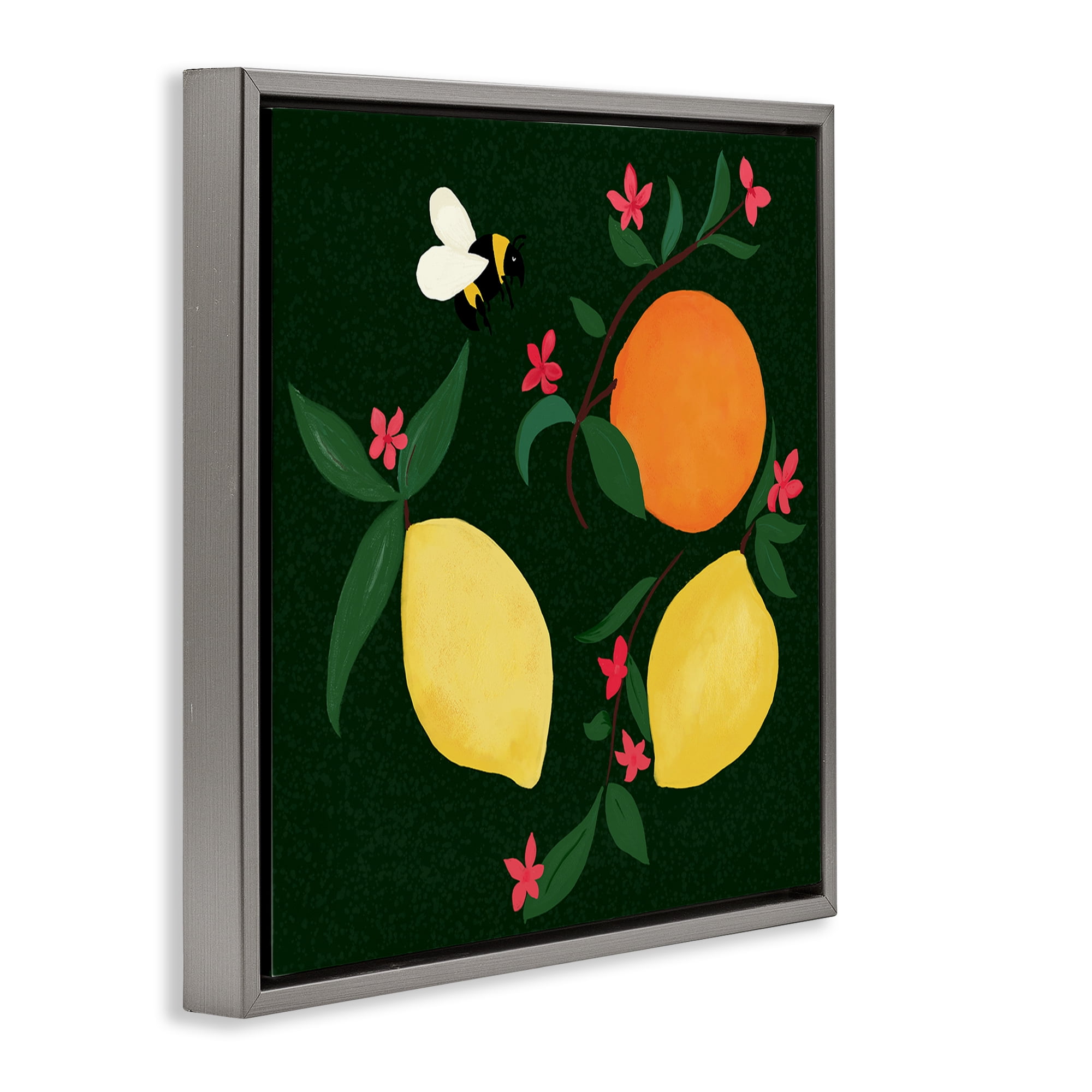 Stupell Industries Citrus & Bumble Bee Food & Beverage Painting Gray Floater Framed Canvas Art Print Wall Art, 18 x 18