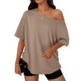 thumbnail image 1 of Tops de Mujer con Hombros Descubiertos, Camisetas Oversize de Corta, Ropa Informal de Moda de y Verano 2025. Caqui XXL, 1 of 8