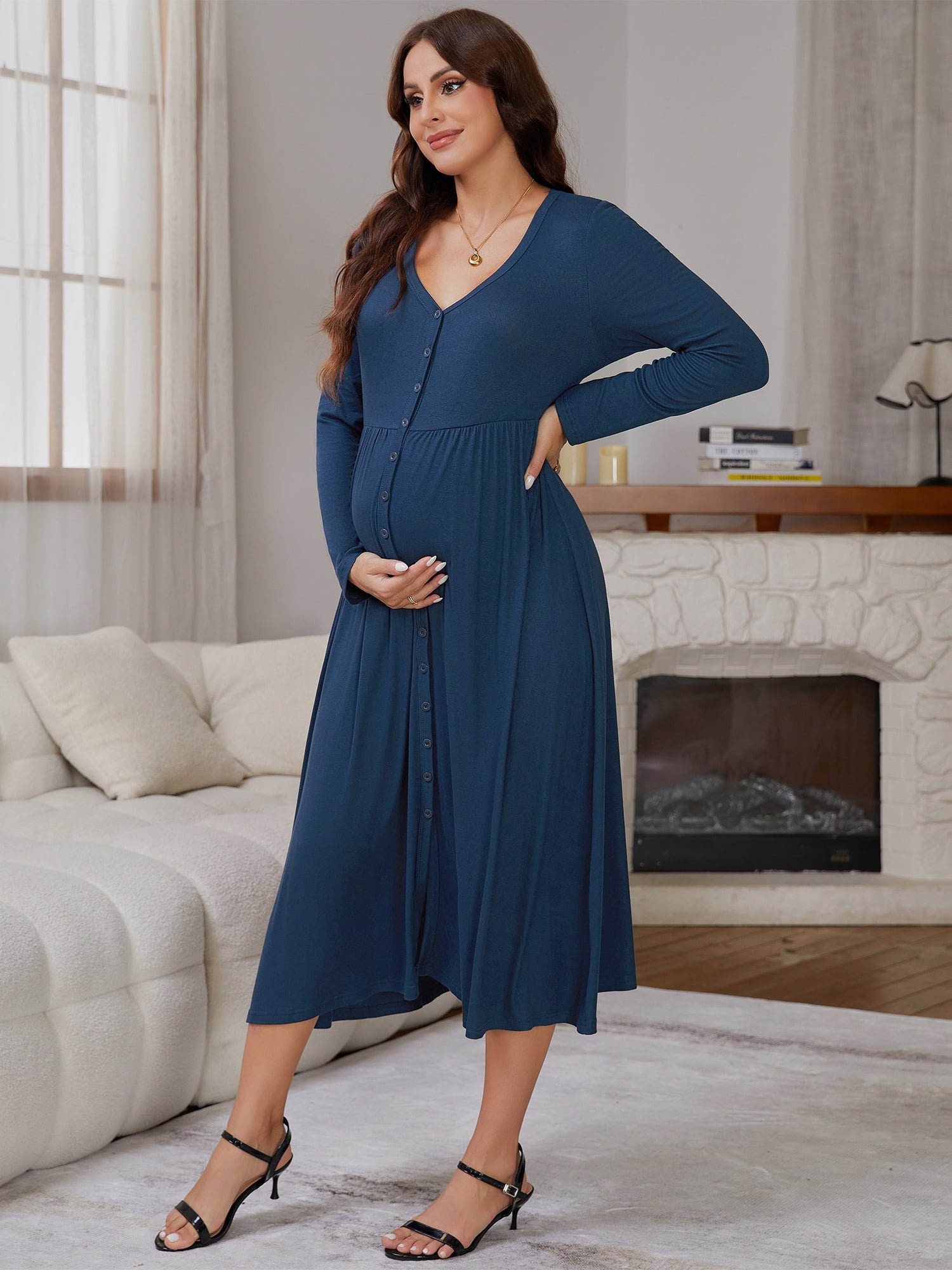 DARING DIVA Women's Soft A-line Maternity Dresses Long Sleeve Maxi Dress M Blue