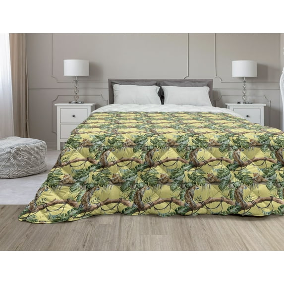 Watercolor Down Alternative Comforter, Lilly Flower Pattern with Flying Birds Fauna and Flora Abstract Animal Imagery, Microfiber Quilt for All Season, 5 Sizes, Multicolor, by Ambesonne