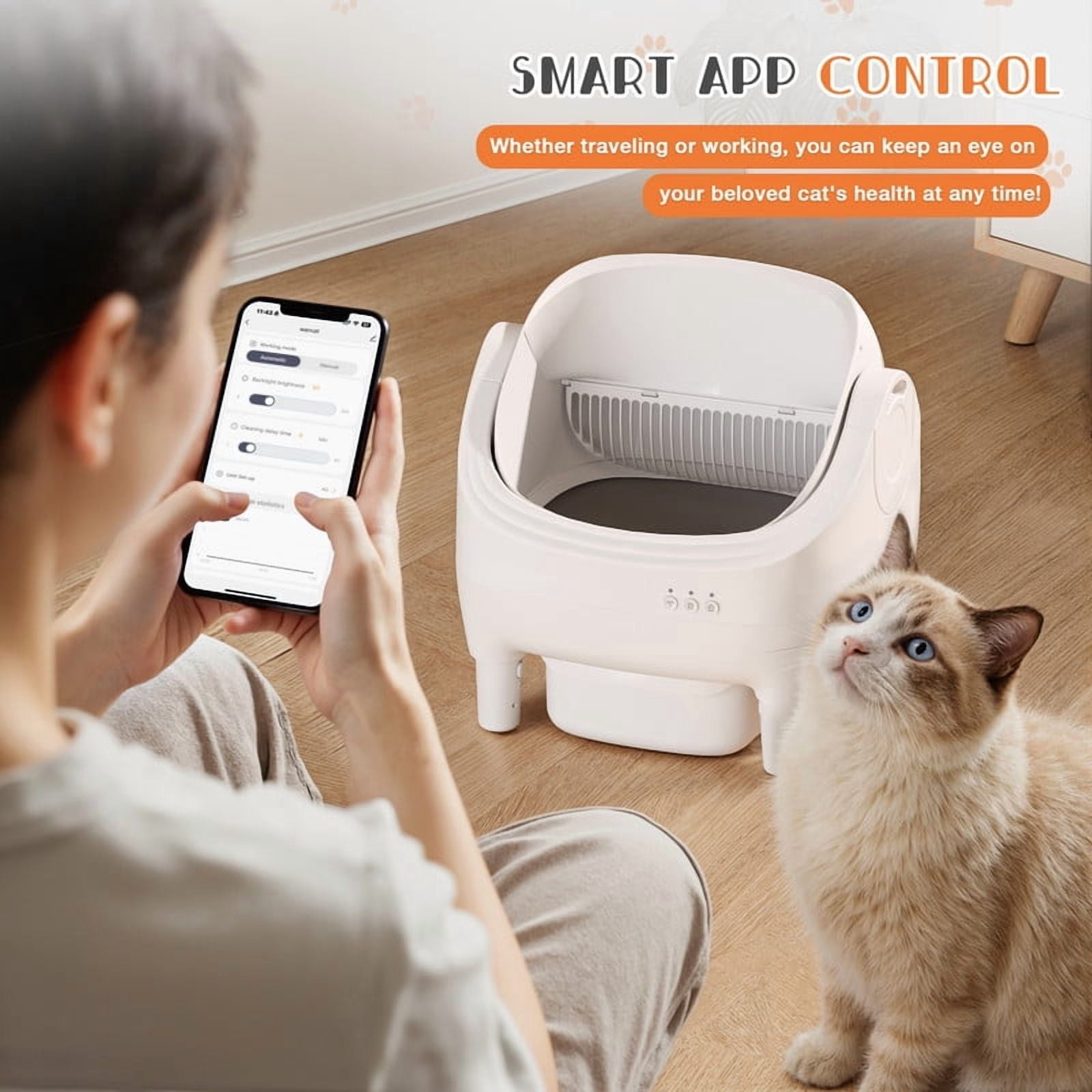 Homall Automatic Self-Cleaning Cat Litter Box – Large Open-Top Design for Multi-Cat Families, Integrated Safety Protection, Includes Trash Bags, White