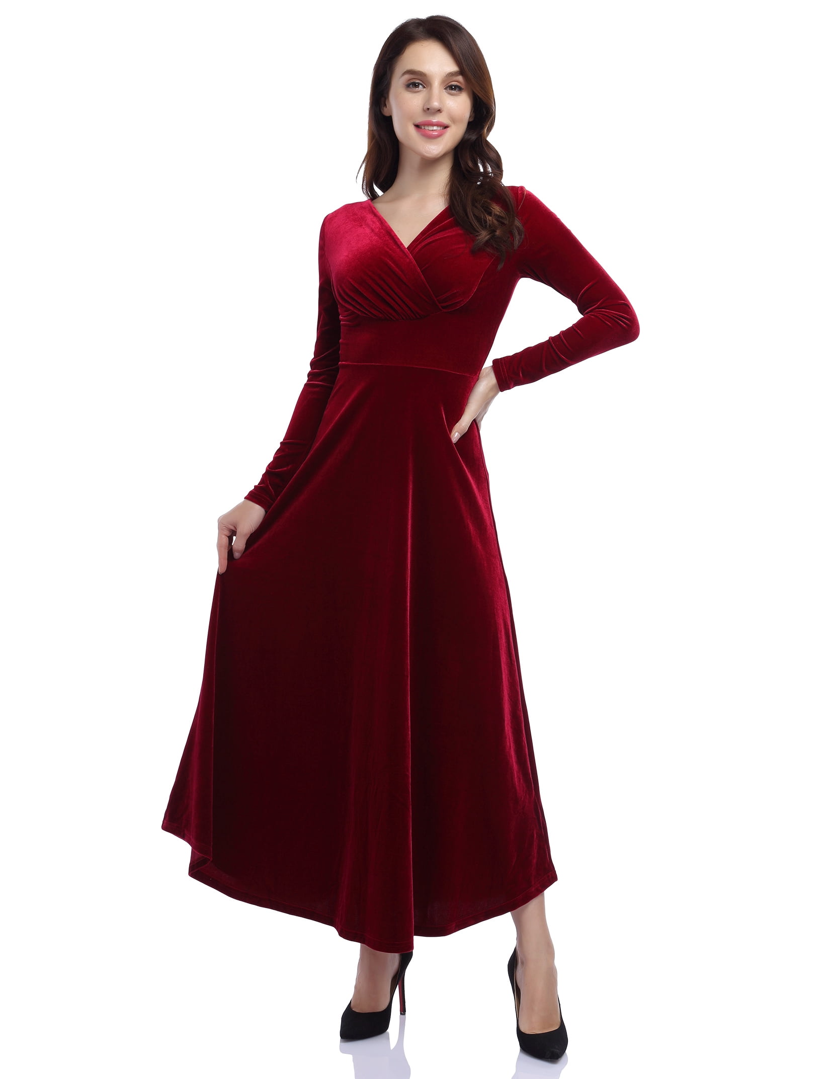HA-EMORE Velvet Dress for Women V-Neck Long-sleeved Smart Formal Party Dress  Long Swing Dress - Walmart.com