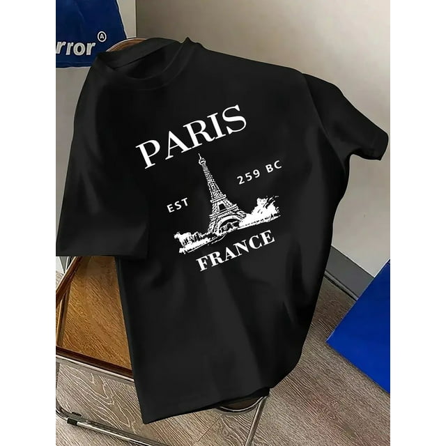 Camiseta con gráfico de la Torre Eiffel de París de inspiración vintage para hombre: azul marino, cuello redondo, manga corta, lavable a máquina. Ideal para salidas informales y deportivas.
