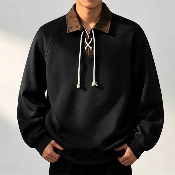 LYSMORA Men's Lapel Drawstring Pullover Sweatshirt, Raglan Long Sleeve Loose Casual Street Athletic Tops