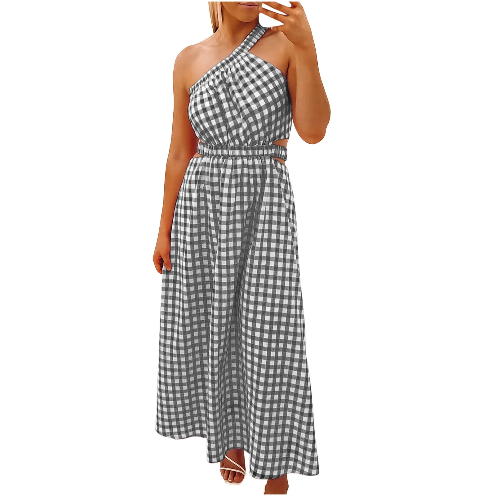 Womens Summer Dresses Casual One Shoulder Plaid Printed Flowy