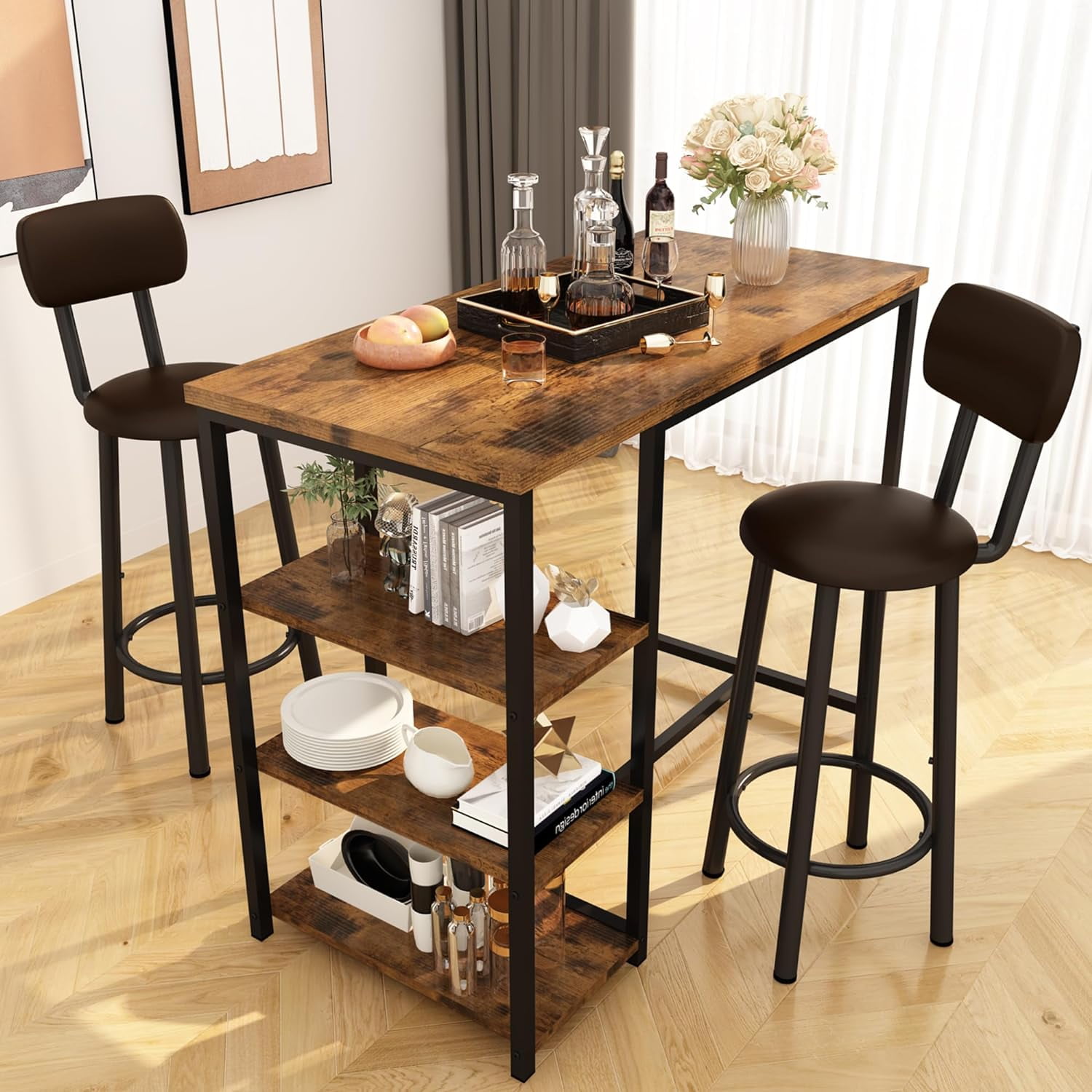LinkRomat Dining Table Set for 2,3 Piece Pub Table and Chairs Set with Storage Shelves, Small Space Bistro Kitchen & Bar Tables, Counter Height Dining Set, Brown