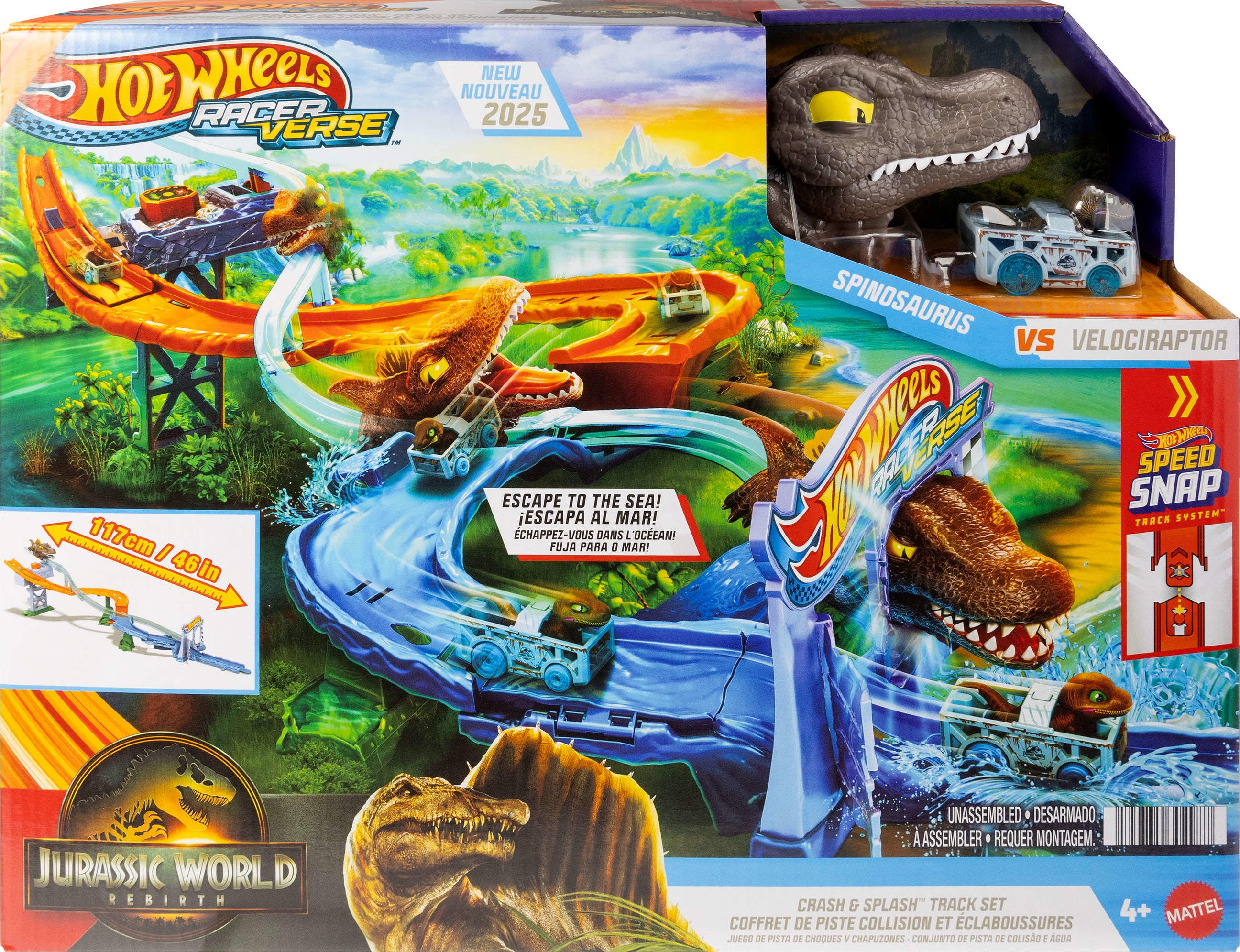 Hot Wheels RacerVerse Jurassic World Crash & Splash Track Set & Die-Cast Dinosaur Toy Car