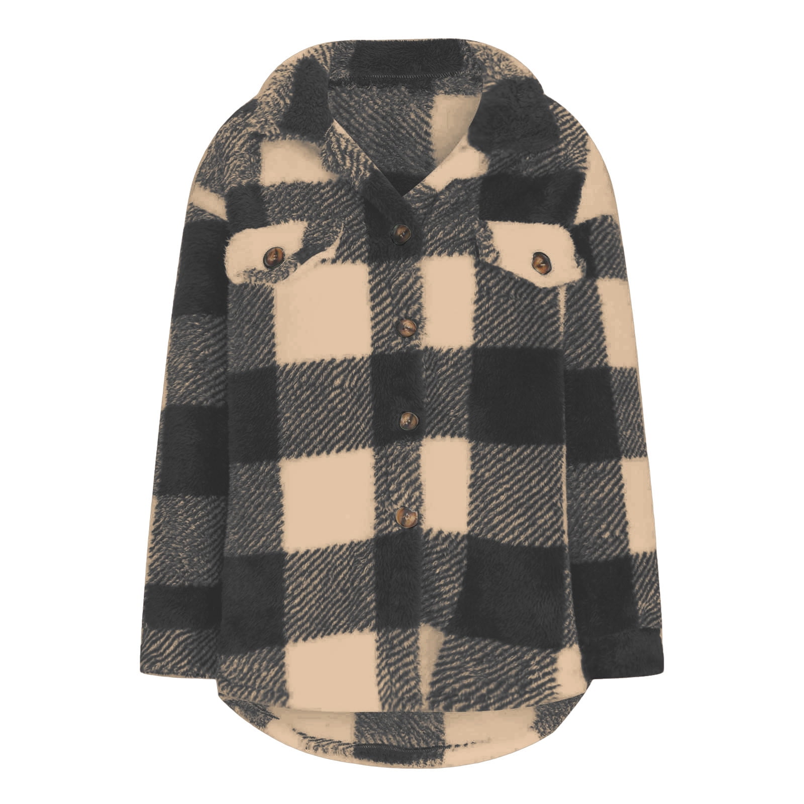 nerohusy Shackets for Women 2024 Winter Warm Fuzzy Fleece Sherpa Plaid Shirt Jackets Plus Size Button Down Long Sleeve Coats Black,L