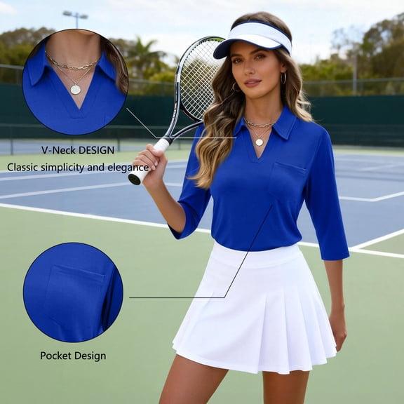 Women's 3/4 Sleeves V Neck Polo Shirts Casual Summer Tops Basic Collar Cute Tees Golf Tees with Pocket Blue S