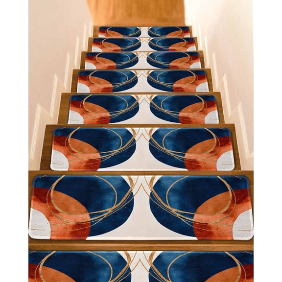 Stair Treads for Wooden Steps, Navy Blue Burnt Orange Peel and Stick Stair Treads with Adhesive, Boho Art Modern Geometric Non Slip Indoor Stairs Runner Rugs Mats for Elders Dogs 8"x30" 10PCS