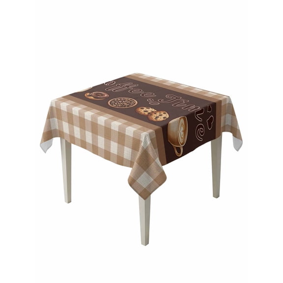 Vintage Coffee Time Table Cloth, Waterproof Tablecloth for Square Tables, Farmhouse Desserts Brwon White Plaid Reusable Washable Fabric Table Cover for Restaurant Kitchen Dining Tables 54"x54"