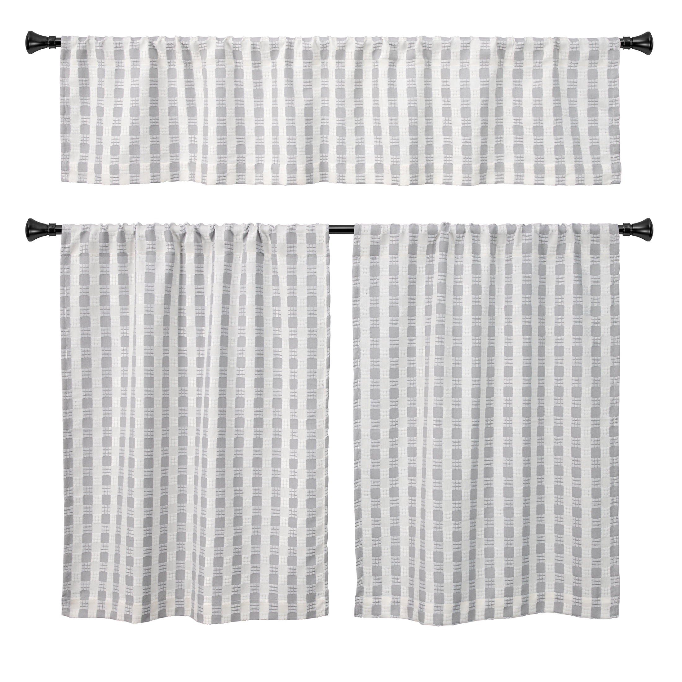 (2 pack) Better Homes & Gardens Tula Waffle Kitchen Curtain Tiers and Valance, 3-Piece Set, Gray, 60" W x 36" L