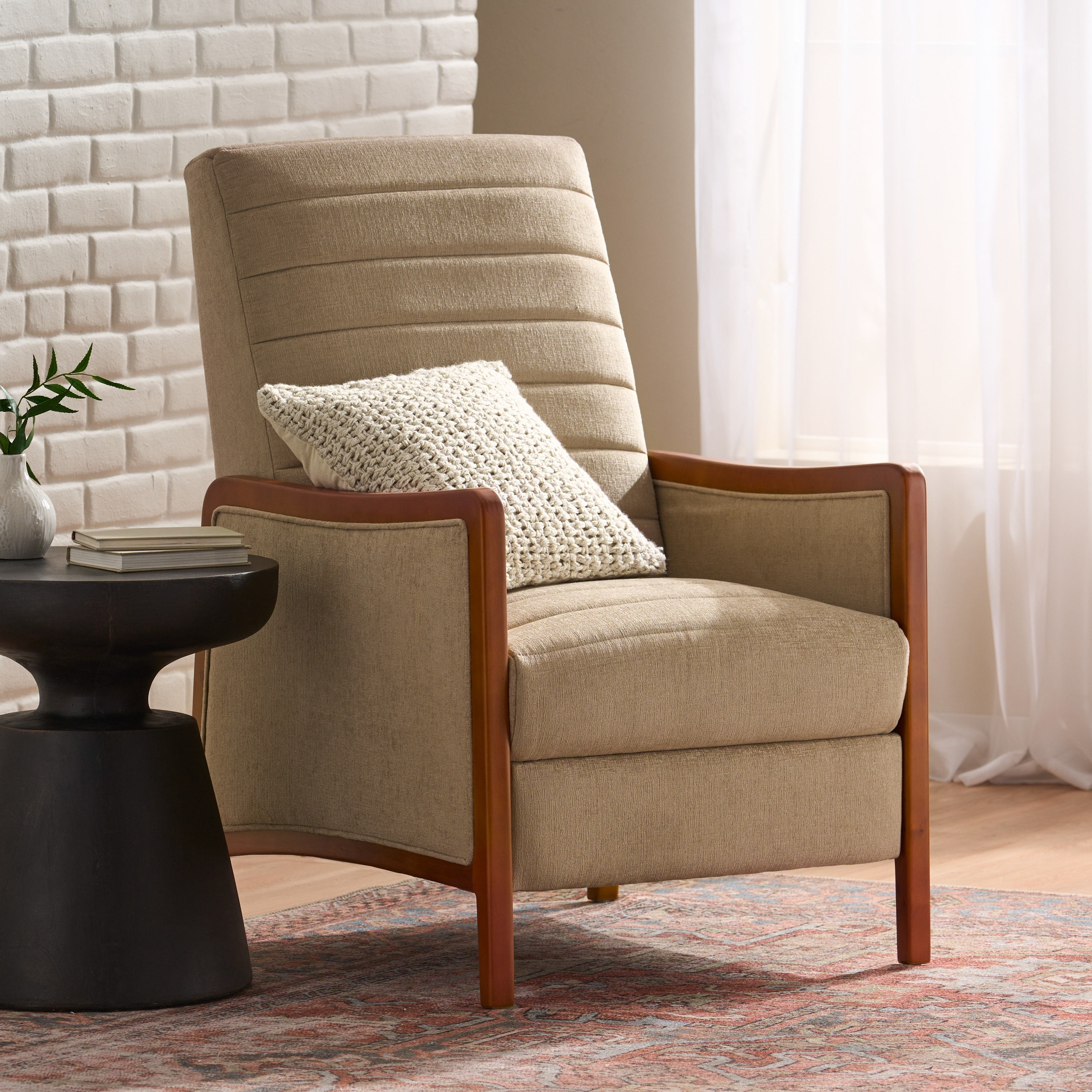 Euroco Mid-Century Modern Push Back Recliner Chair with Birch Wood Frame and Channel Tufted Upholstery, Lounge Accent Chair