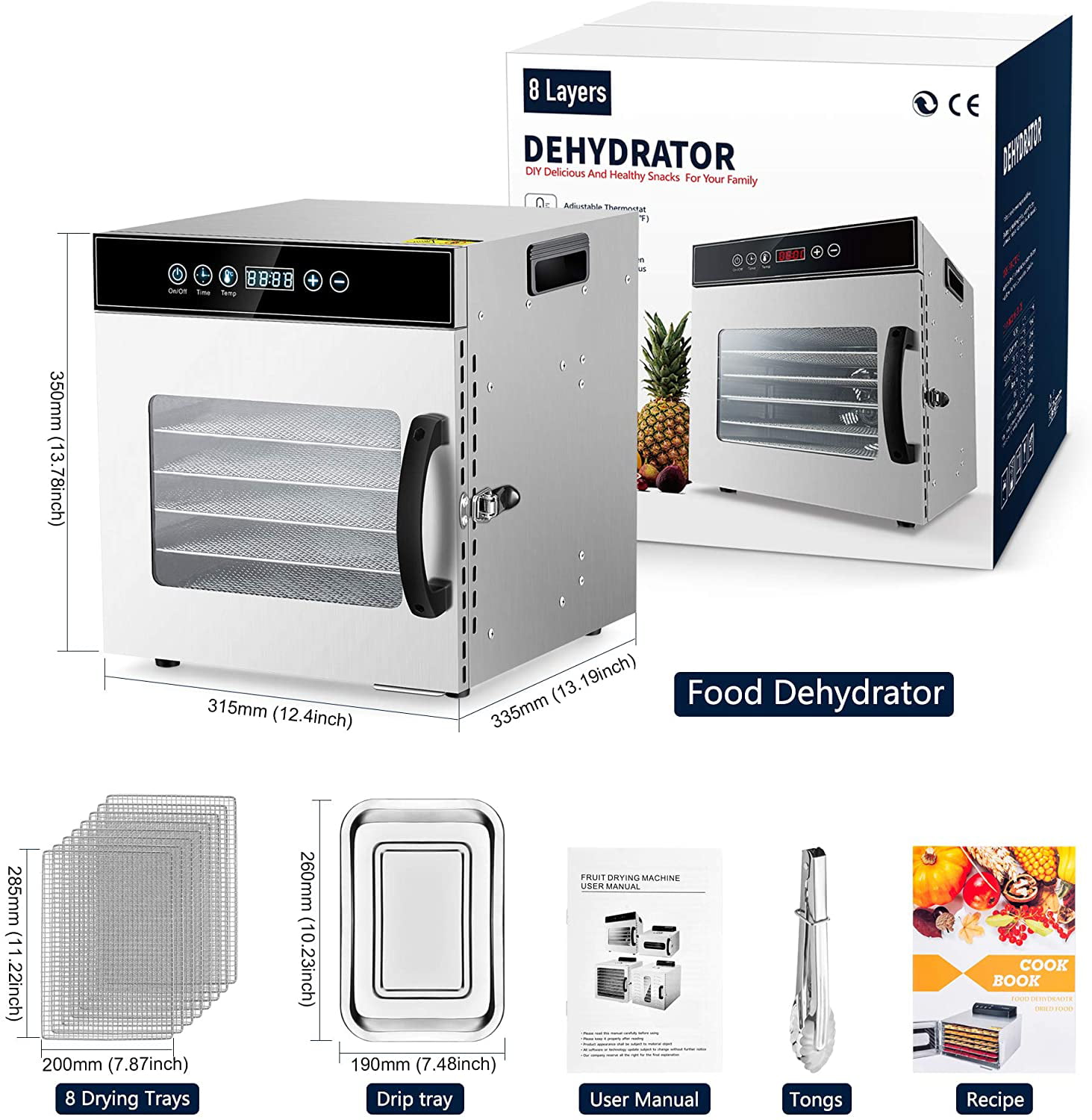 Food Dehydrator Machine 8 Stainless Steel Trays, HOMOKUS Food Dehydrator  Usable Area up to 9.5ft², 650W Digital Touch Control Food Dryer Dehydrator