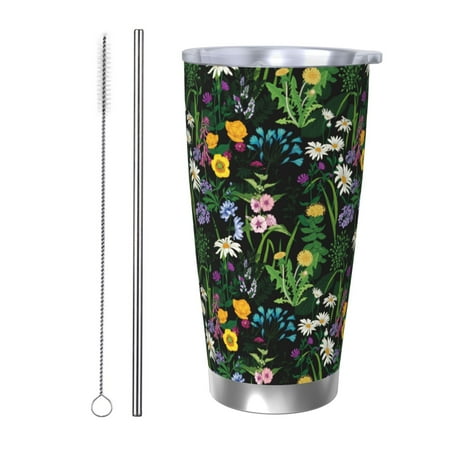 

Qekee Chamomile Print 20OZ Car Cup Stainless Steel Vacuum Insulated Tumbler Tumbler Cup With Lid And Straw Travel Coffee Mug-Straw Two-piece Set
