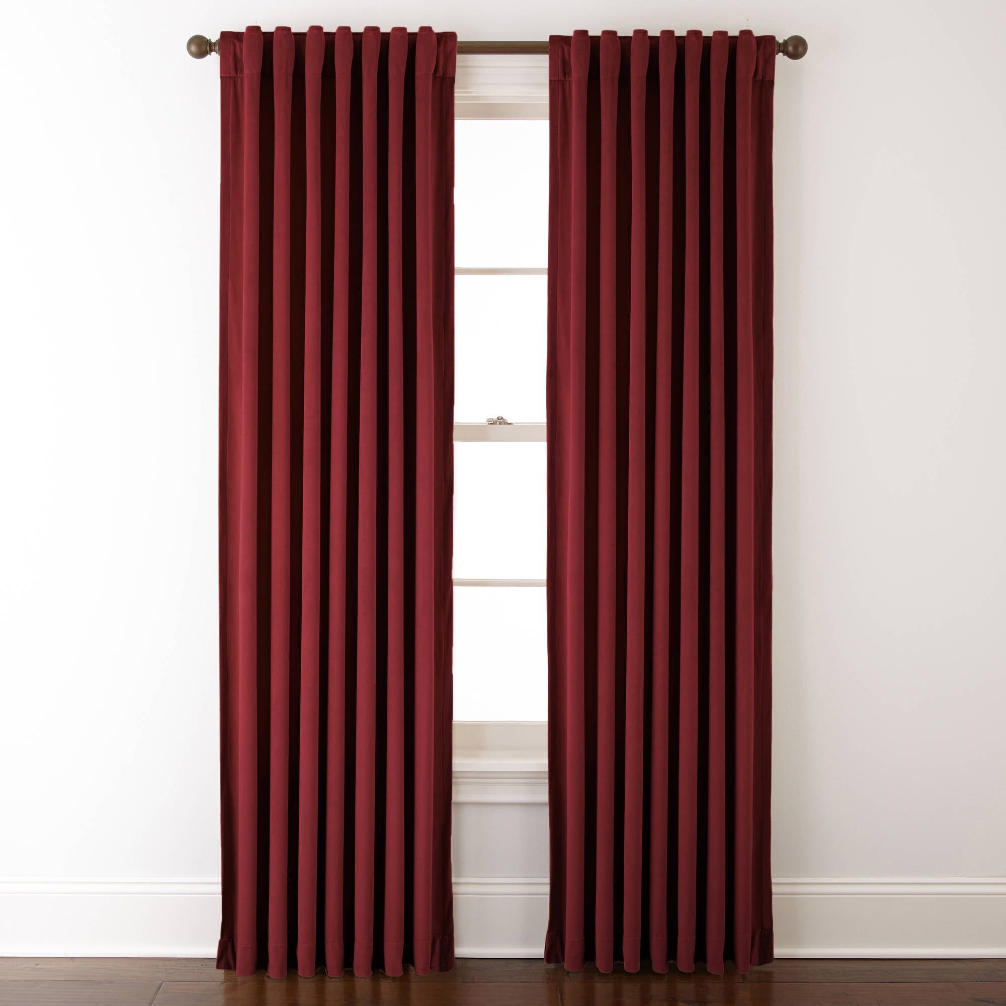 Red Thermal Velvet Tape Top Pair Of Curtains With A Striking Rose Trim Pattern 