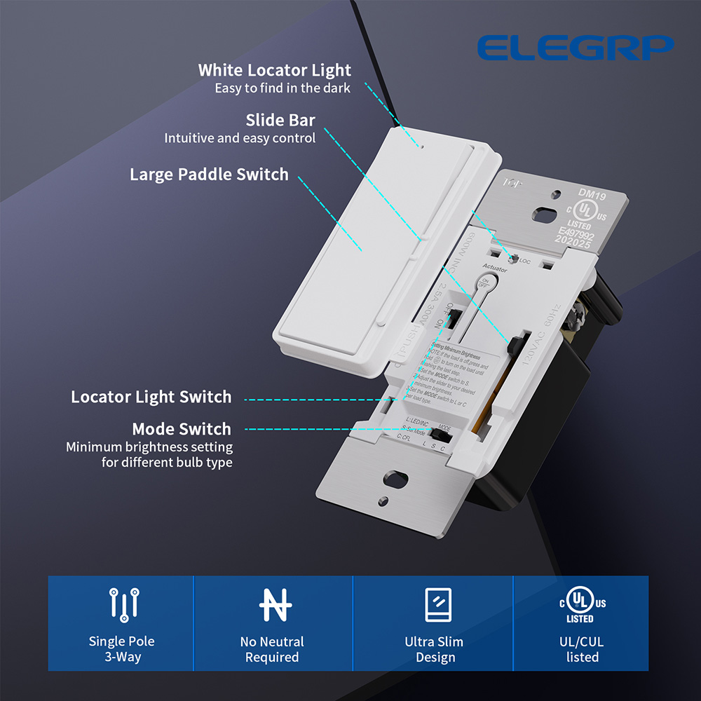 ELEGRP Slide Dimmer Switch, Single Pole or 3-Way, Screwless Wall Plate  Included, UL Listed (2 Pack, White)