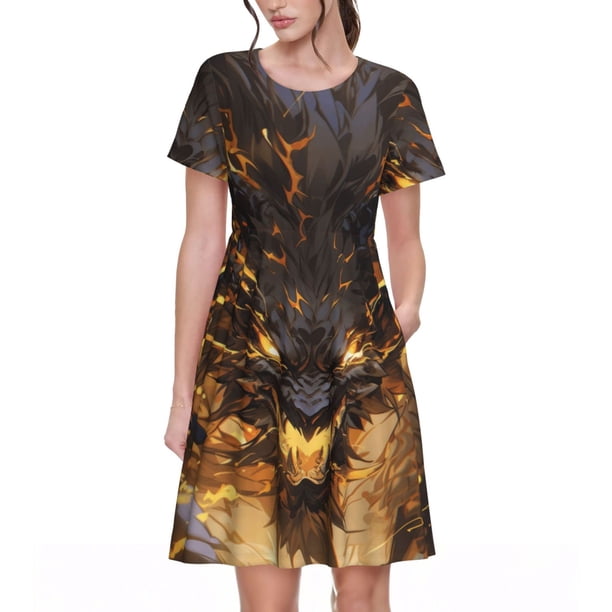 Fotbe Cool Black Gold Dragon Vestido Largo de Moda para Mujer, Vestido Tipo Camiseta con Manga Corta y Estilo Casual a Rayas y Bloques de Color