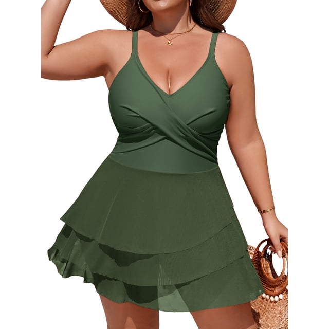 Charmo Plus Size Swim Dress Swimsuit for Womens Mesh Ruffle One Piece Tummy Control Bathing Suit Front Cross Swim Suits