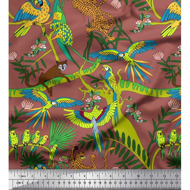 Soimoi Viscose Chiffon Fabric Branches,Parrot & Leopard Jungle Decor Fabric Printed Yard 42 Inch Wide