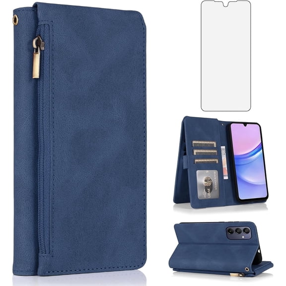 Asuwish Wallet Kickstand Hard Shell Cell Phone Case with Tempered Glass Screen Protector for Samsung Galaxy A15, Blue