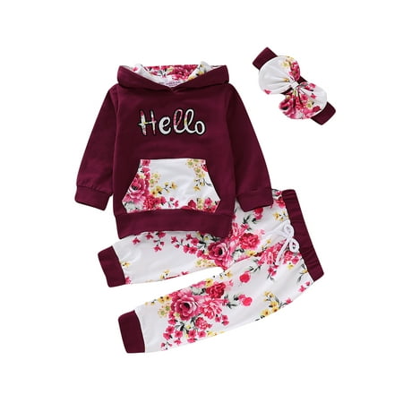 

Kidcici Toddler Girl Floral Hooded Shirt Long Trousers Outfits 2Pcs Set