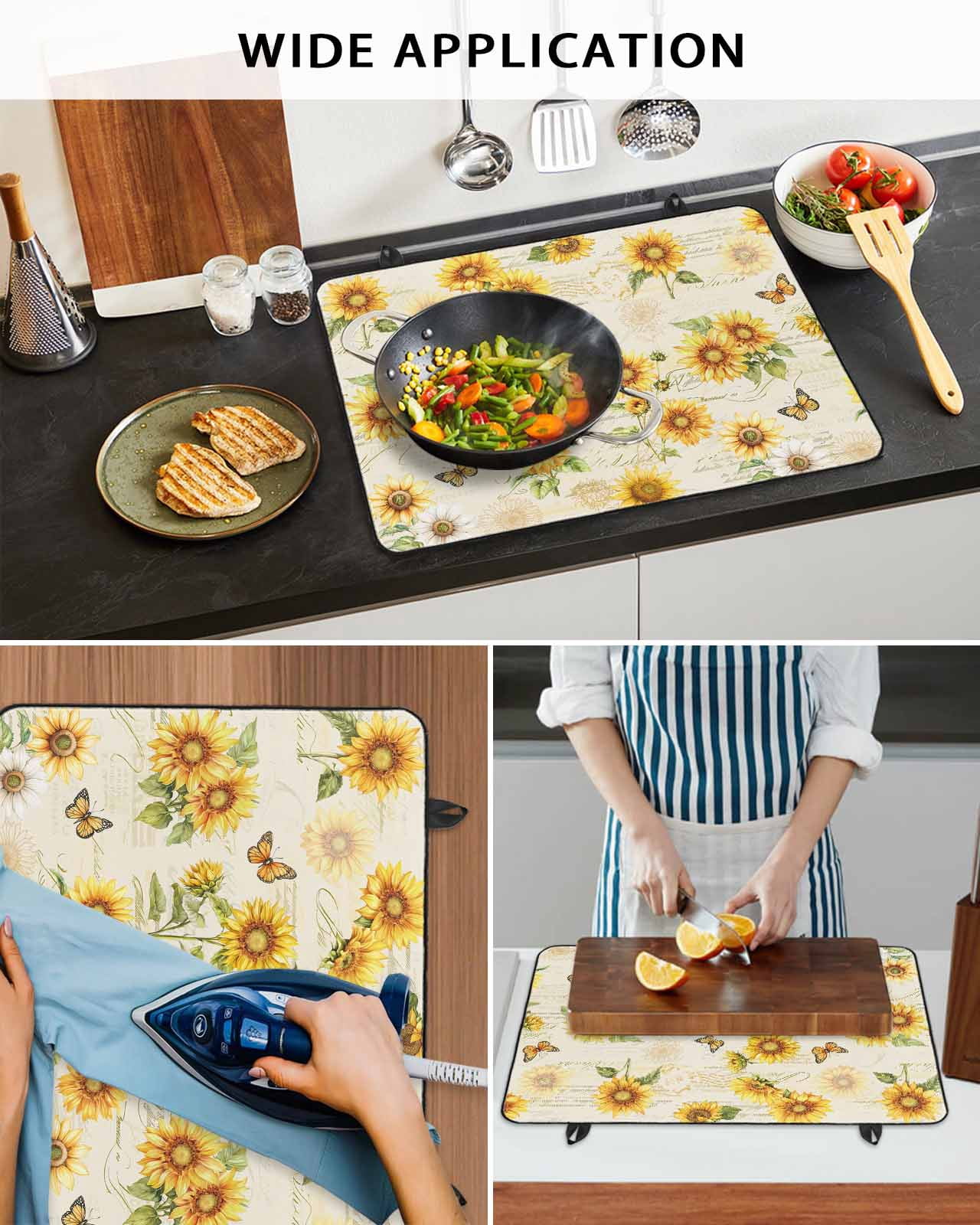 nqOlkjepod Large Induction Cooktop Protector Mat 24"x21", Summer Sunflowers Stove Top Covers for Electric Stove, Farmhouse Vintage Floral Butterfly Stove Burner Cover Mats, Glass Top Stove Cover