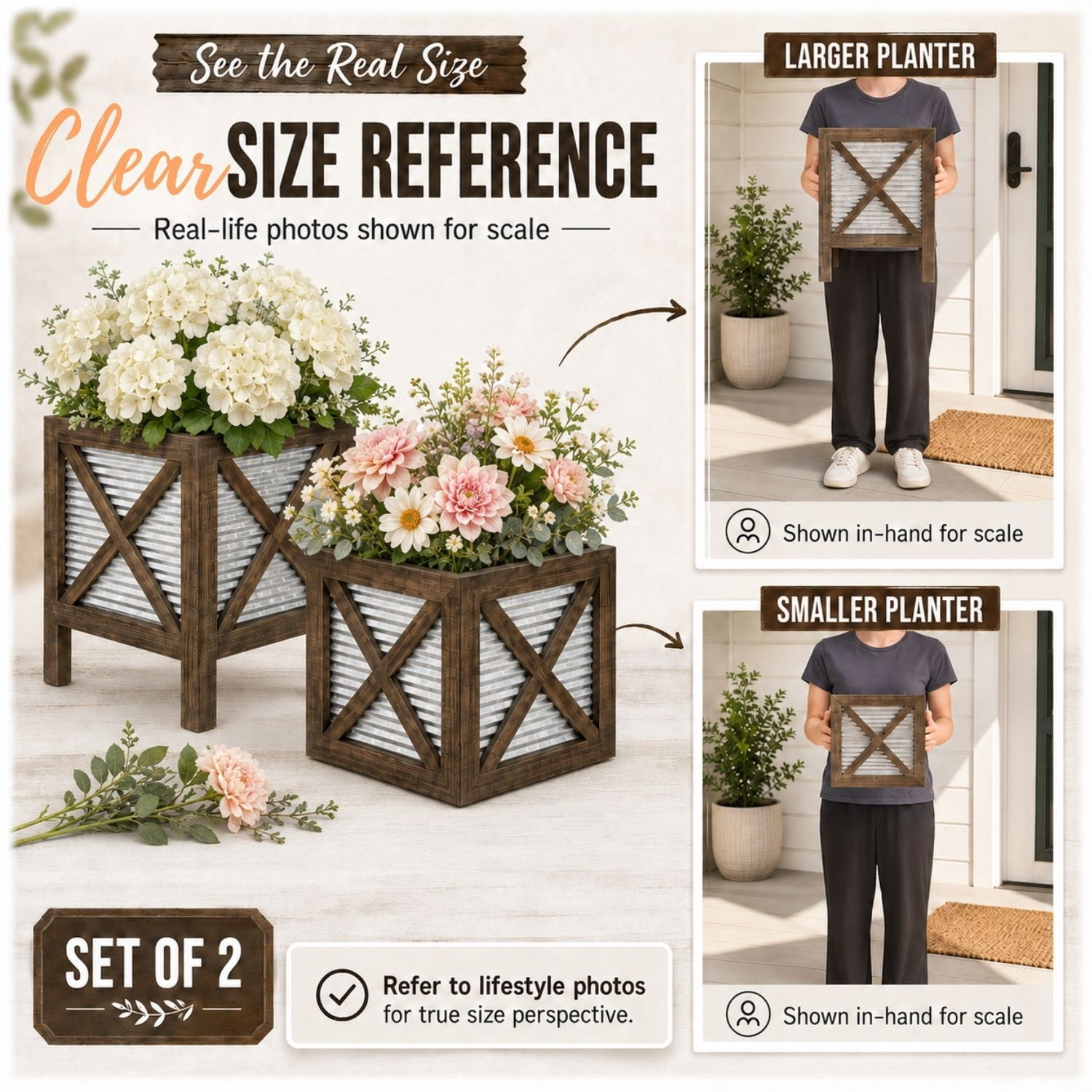 Autumn Alley Indoor Rustic Farmhouse Planter Set, 2 Pc. Wood & Galvanized Flower Pots, Home Decor