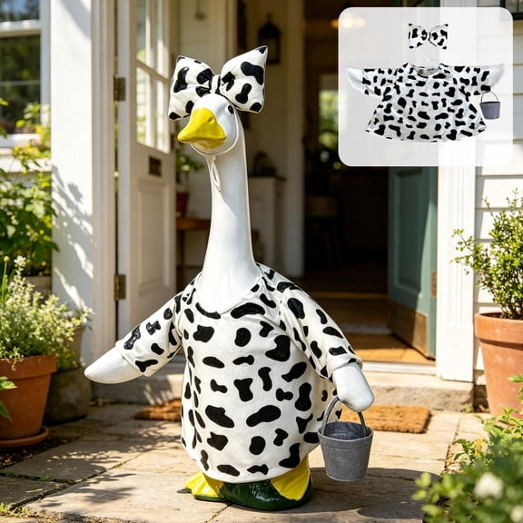 PiGOGI Cow Print Porch Goose Outfit for 23 Inch, Farm Decor with Hat Bucket, Outdoor Yard Lawn Patio Decor