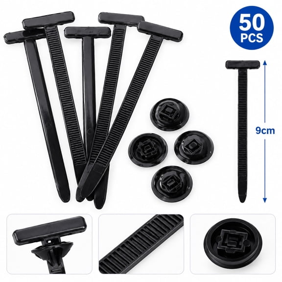 50 Pcs Black Nylon Push Mount Cable Zip Ties with Universal Buckle Clips, 9cm PP Multi-Purpose Wire Ties for Cable Management, Cord Organization and DIY Fastening