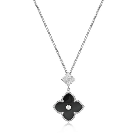 Black Onyx and Cubic Zirconia Double Flower Pendant Necklace for Women in 925 Sterling Silver 16-18 Inches Adjustable Spring Ring by Lavari Jewelers