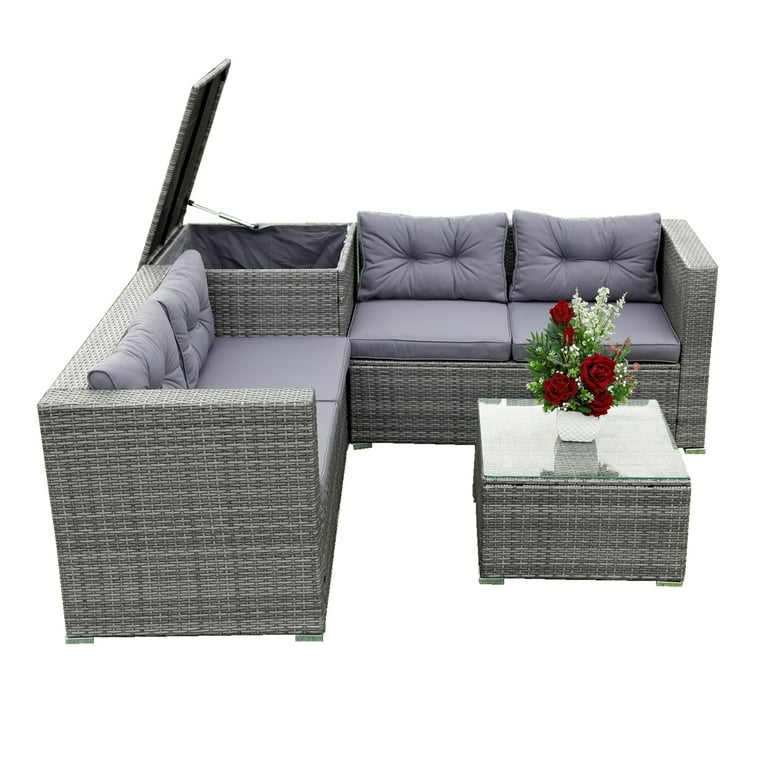 Patio Chat Set with Storage Box 4 Piece Patio Wicker Furniture Set with Coffee Table 2 Sofas PE Rattan Outdoor Conversation Sectional Sofa Set with Gray Cushions for Backyard Porch Garden L3579