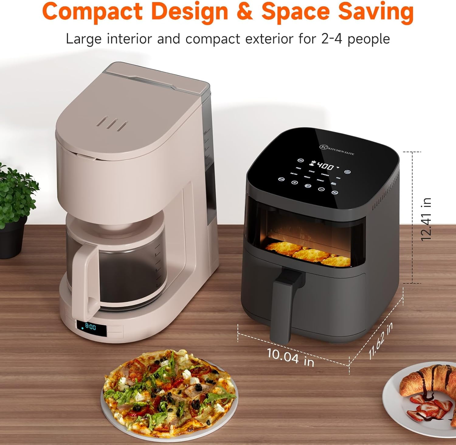 Kitchen Elite Air Fryer with View Window, 8 in 1 Compact Digital Airfryer, 5 °F Precise Control, Saving-Space Design, Nonstick & Dishwasher Safe, Roast, Broil, 1550W, Simple Elegant Gray