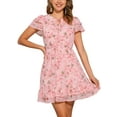 thumbnail image 1 of INSPIRE CHIC Women's Ruffle Sleeve Self-Tie V Neck Above Knee Ruffled A-Line Floral Chiffon Dress XL Light Pink, 1 of 6